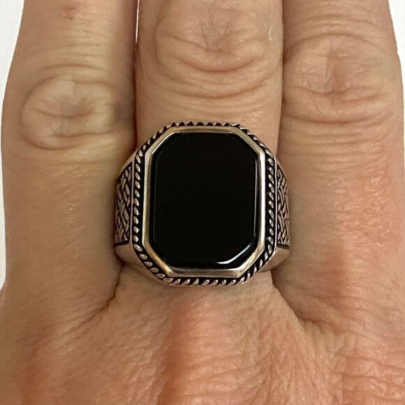Sterling Silver 925 BS Black Onyx Signet Style Basketweave Unisex Band Ring Sz 9 - Picture 1 of 16